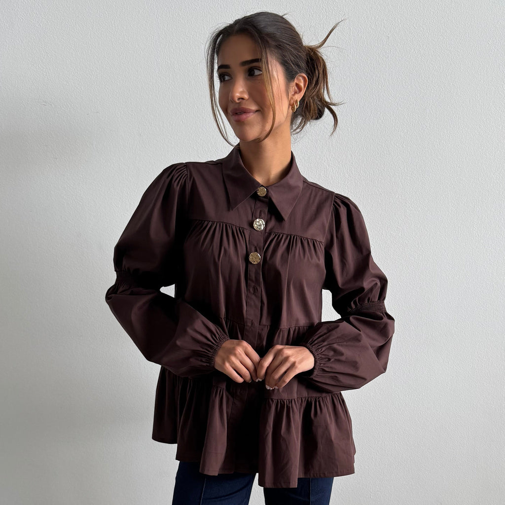 CONTINUE - SKJORTE - SANNA GOLD BUTTONS 15085 - DARK BROWN