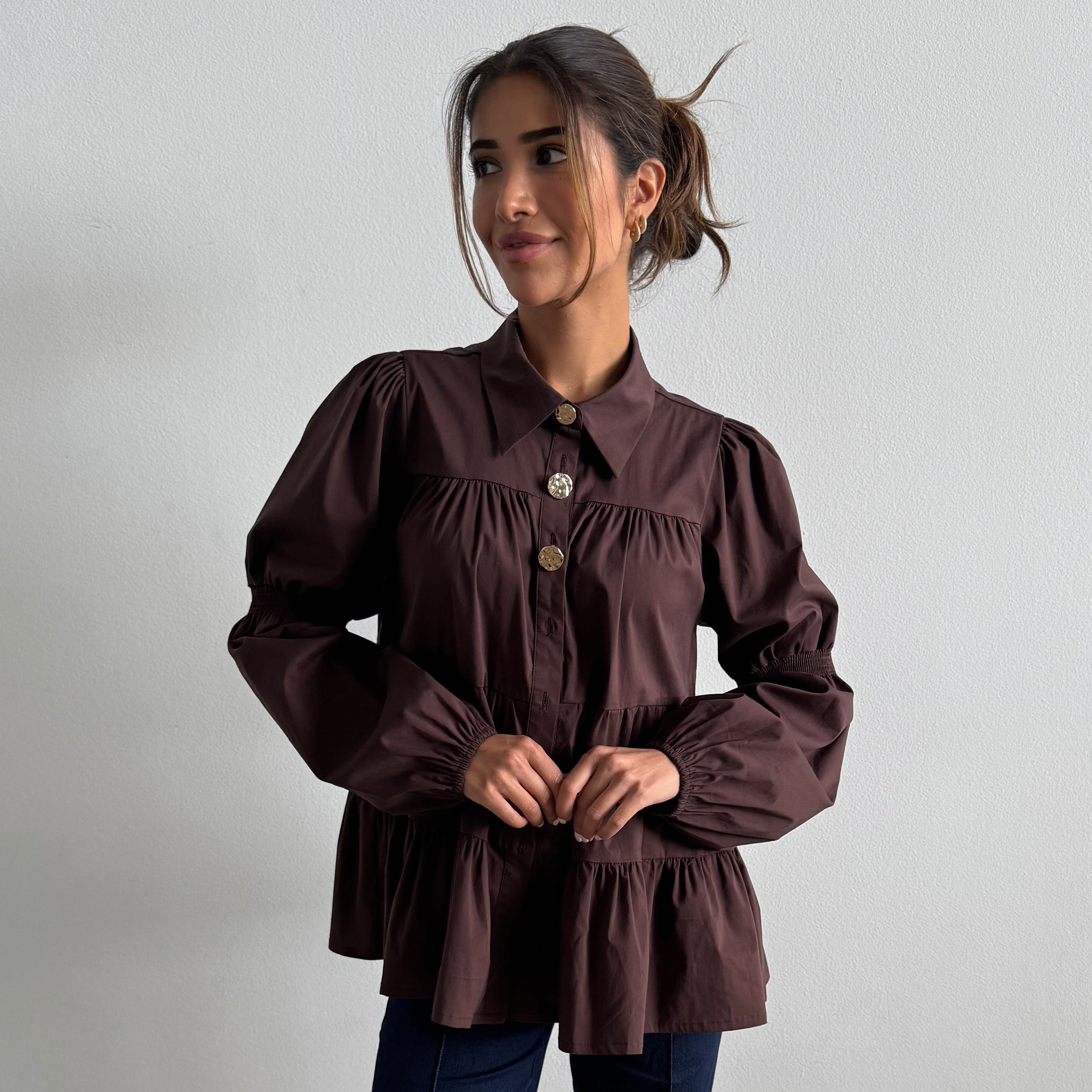 CONTINUE - SKJORTE - SANNA GOLD BUTTONS 15085 - DARK BROWN