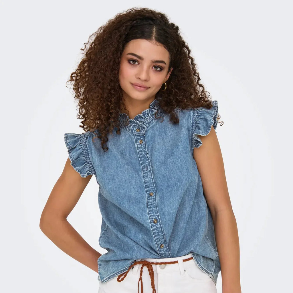 ONLY - TOP - SHANIA FRILL 15344679 - MEDIUM BLUE DENIM