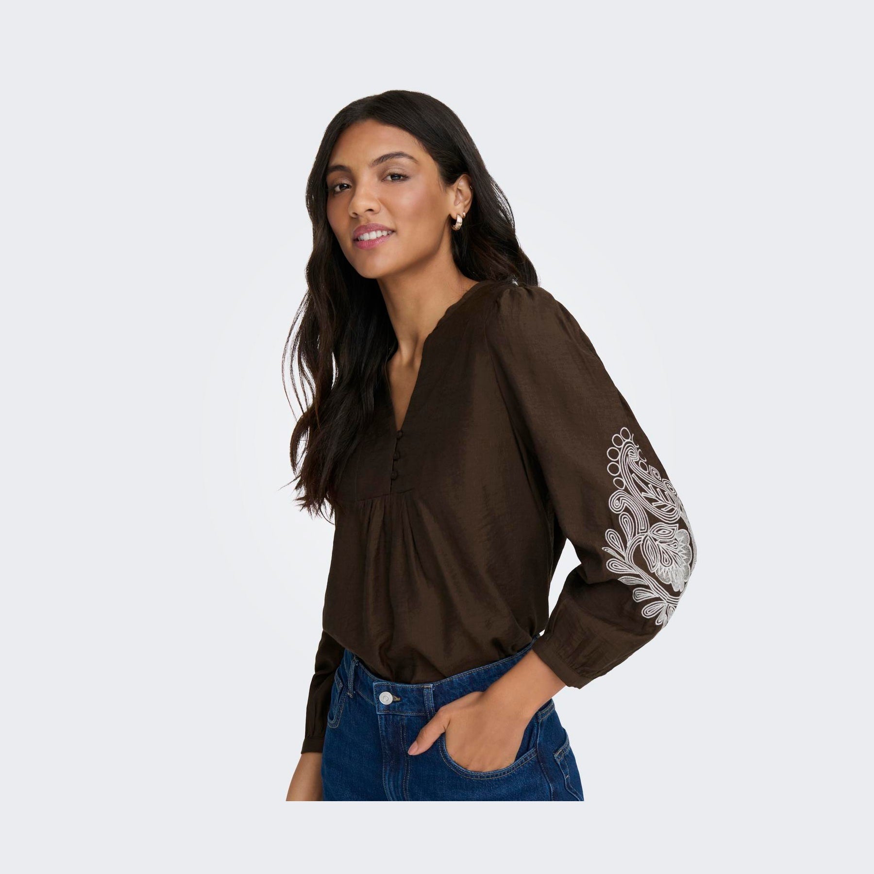 ONLY - BLUSE - KANA 15355285 - COFFEE BEAN EMBROIDERY