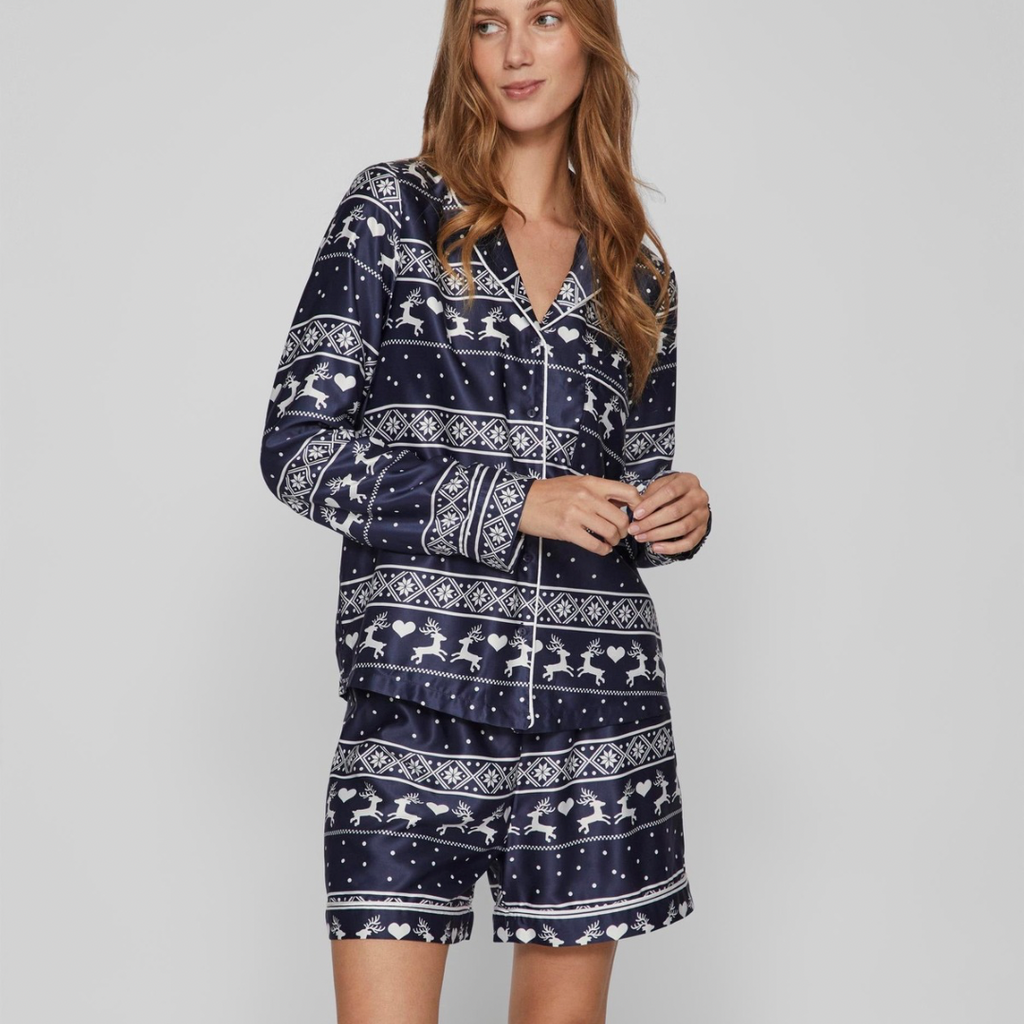 VILA -  SIENA L/S PYJAMAS SÆT - 15091131 - BLÅ/HVID