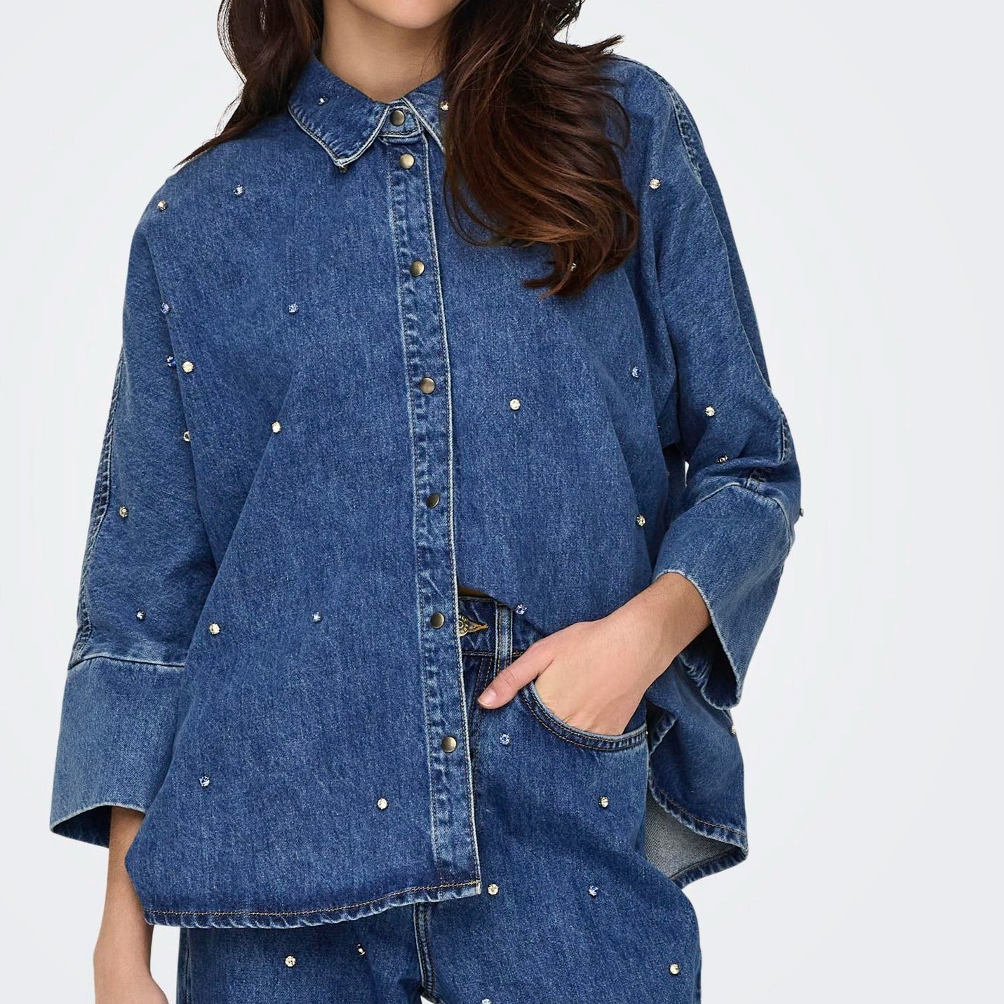 ONLY - DENIM SKJORTE - GRACE RHINESTONE - 15307936 - DENIM