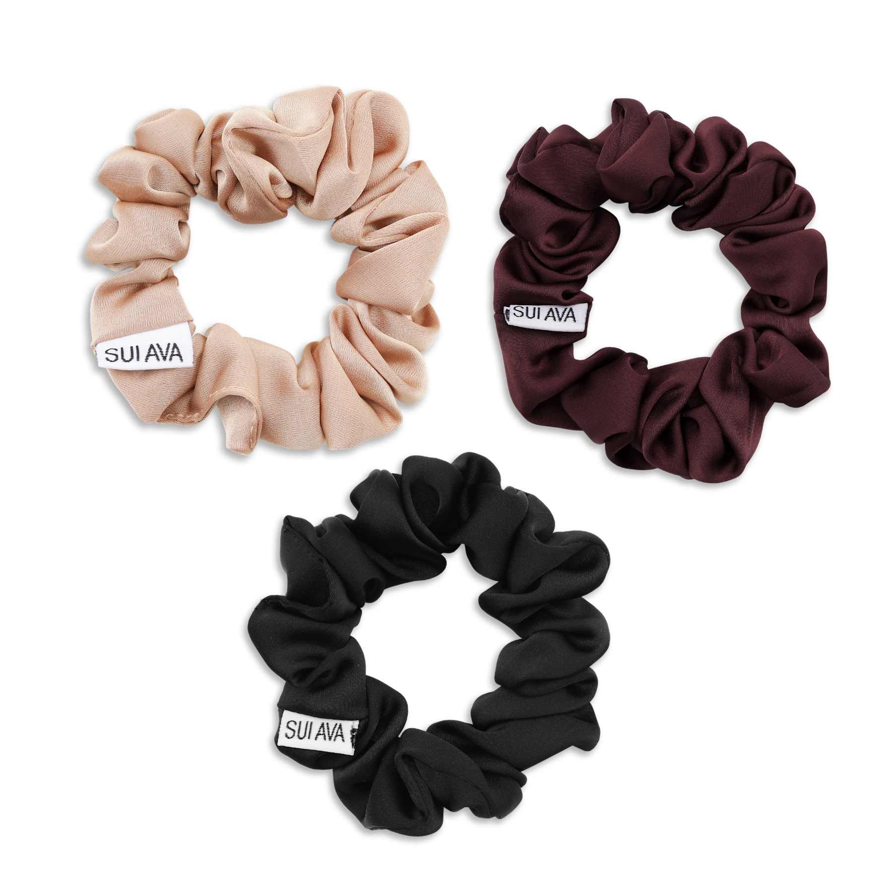 SUI AVA - 3-PAK SCRUNCHIES - RUCHED RIBBON - ALMOND/BLACK/BURGUNDY