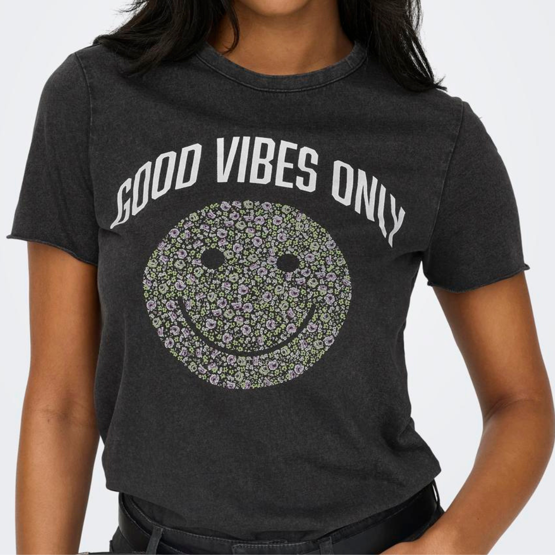 ONLY - T-SHIRT - LUCY 15215721 - BLACK PRINT/GOOD VIBES ONLY